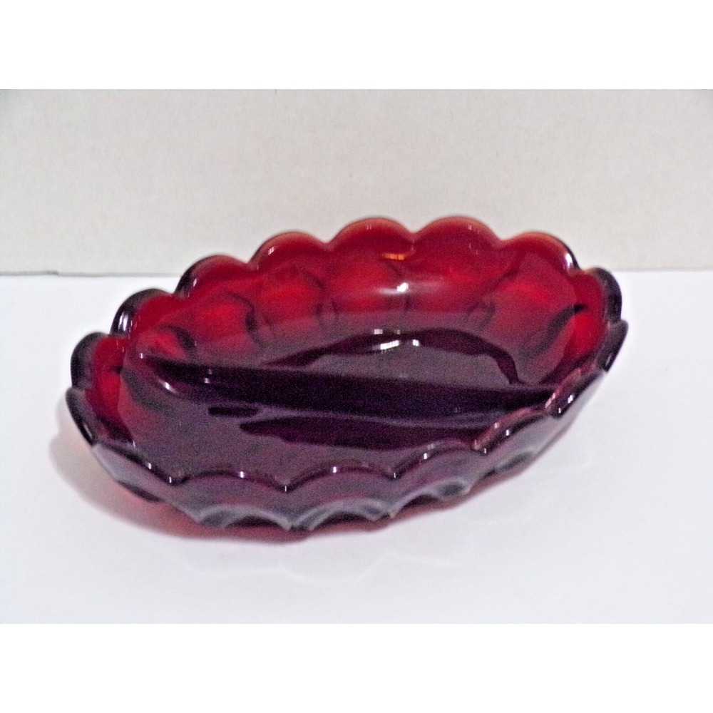 Vintage Anchor Hocking Fairfield Ruby Red Oval Divided Dish Scalloped Rim Glass